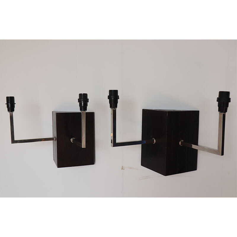 Vintage wall lamps in oakwood and chromed metal