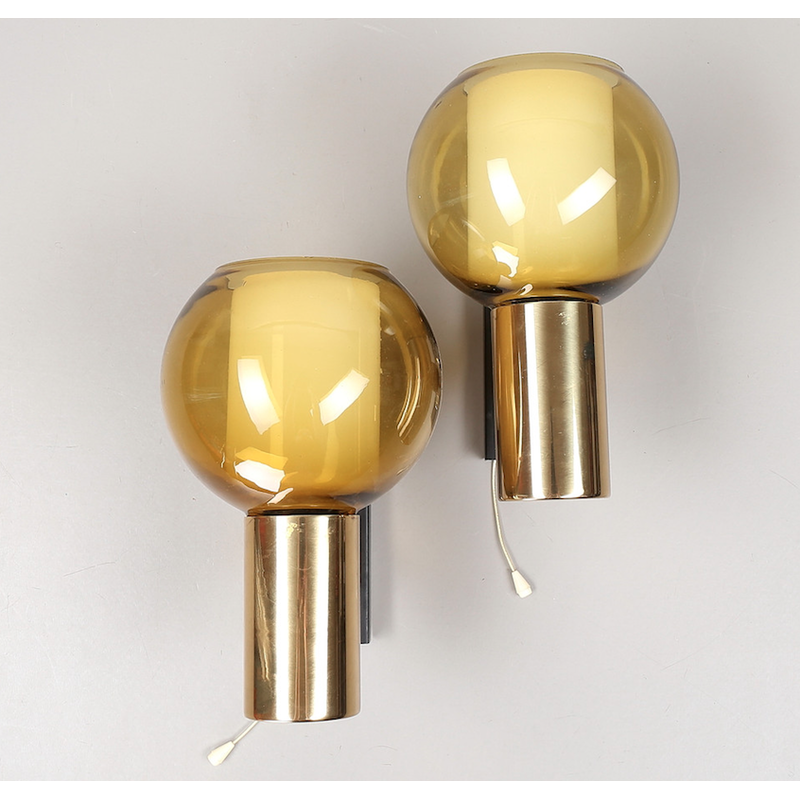 Pair of vintage glass and brass wall lamps, 1960