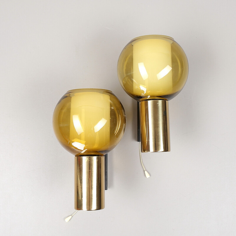 Pair of vintage glass and brass wall lamps, 1960