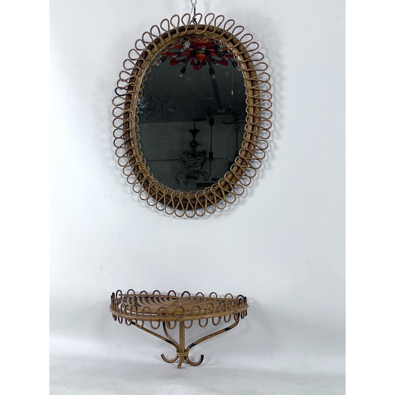 Consola de mediados de siglo con espejo de pared en ratán y bambú, Italia Años 60