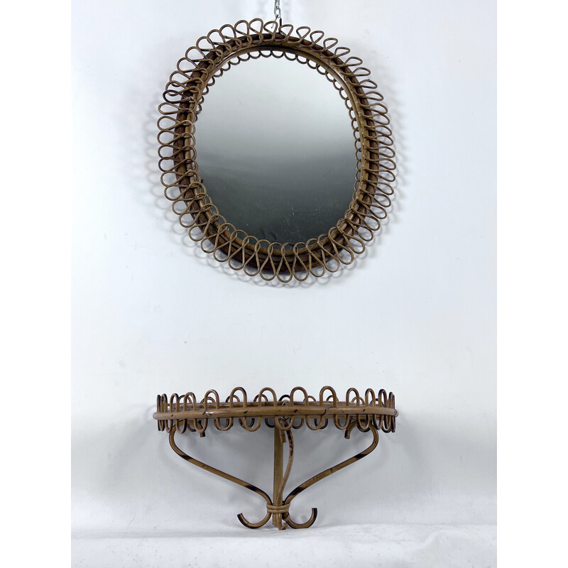 Mid-century console table with wall mirror in rattan and bamboo, Italy 1960s