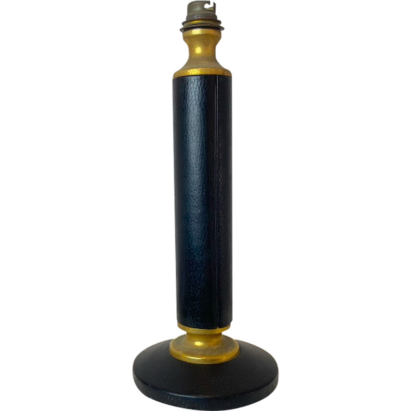 Vintage black leather and brass lamp by Jacques Adnet, France 1940-1950