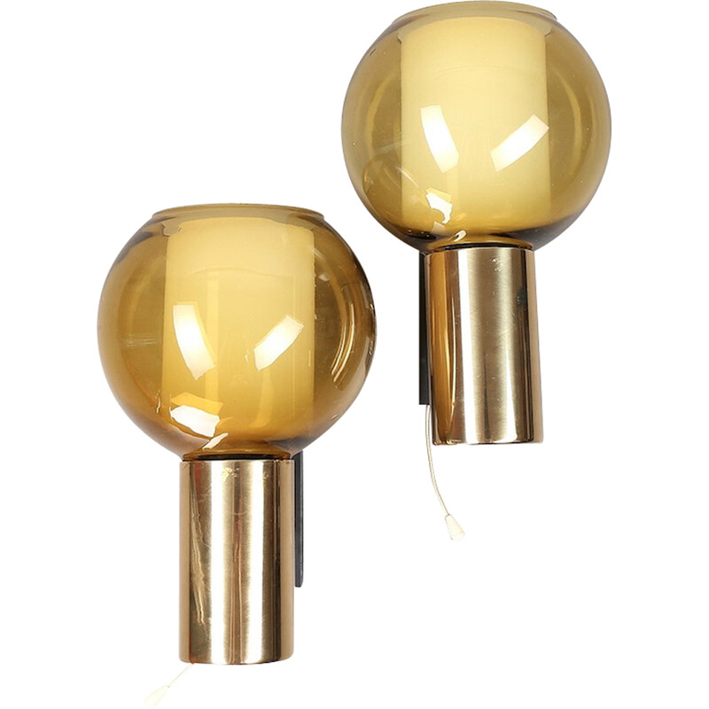 Pair of vintage glass and brass wall lamps, 1960