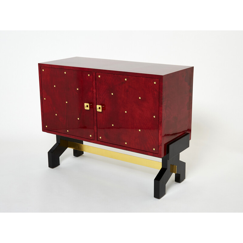 Vintage red parchment and brass bar by Aldo Tura, 1960