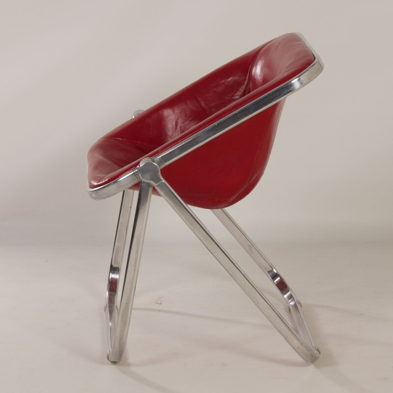 Vintage Plona armchair in red leather by Giancarlo Piretti for Castelli, 1970s