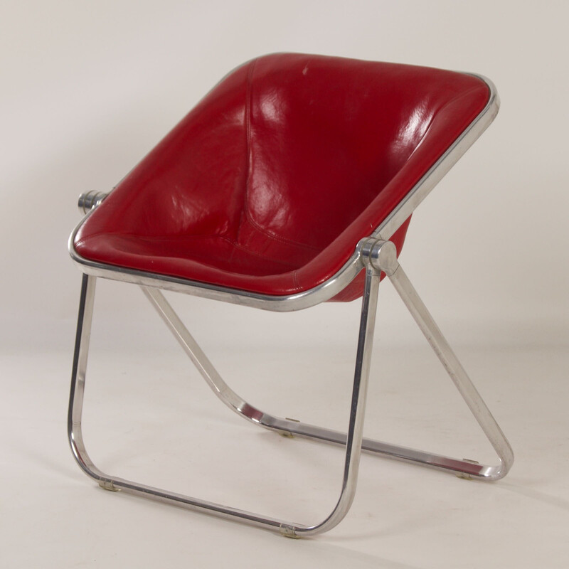 Vintage Plona fauteuil in rood leer van Giancarlo Piretti voor Castelli, 1970