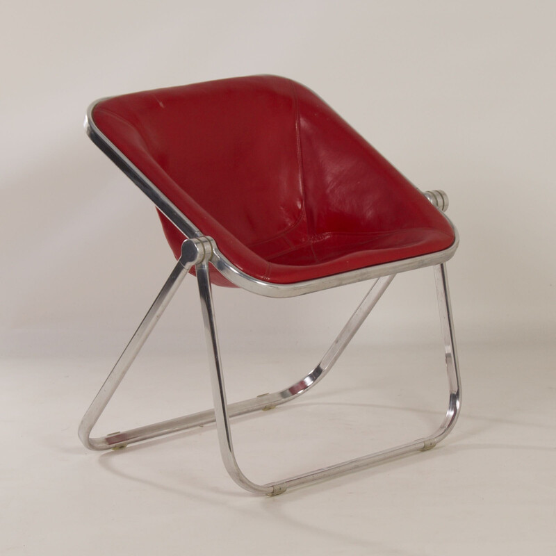 Vintage Plona armchair in red leather by Giancarlo Piretti for Castelli, 1970s