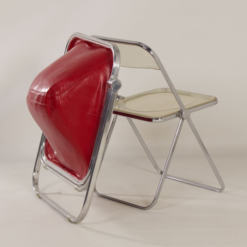 Vintage Plona armchair in red leather by Giancarlo Piretti for Castelli, 1970s