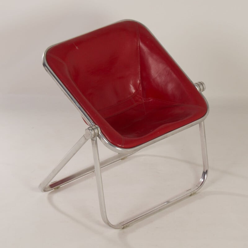 Vintage Plona armchair in red leather by Giancarlo Piretti for Castelli, 1970s