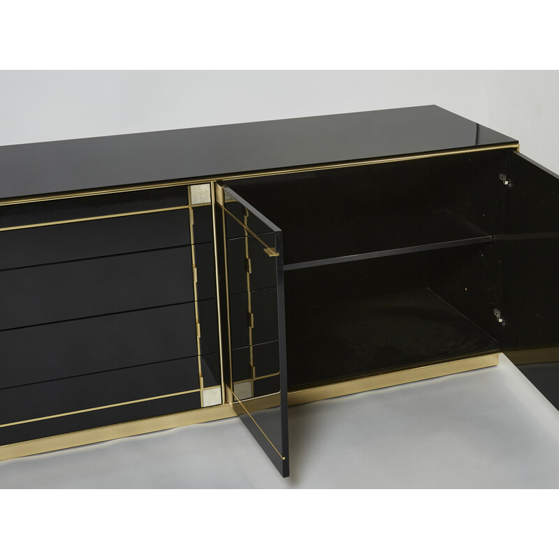 Credenza vintage in lacca nera, ottone e madreperla di Pierre Cardin, 1980