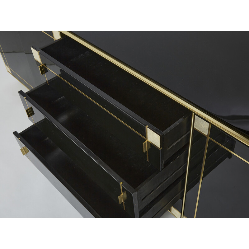 Vintage sideboard in black lacquer, brass and mother-of-pearl by Pierre Cardin, 1980