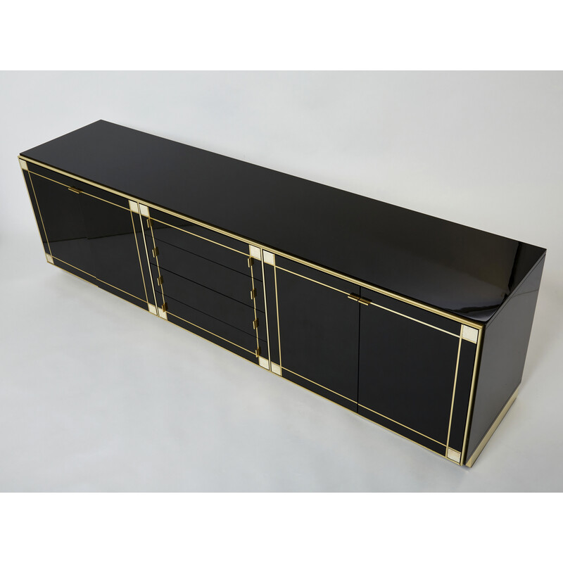 Credenza vintage in lacca nera, ottone e madreperla di Pierre Cardin, 1980