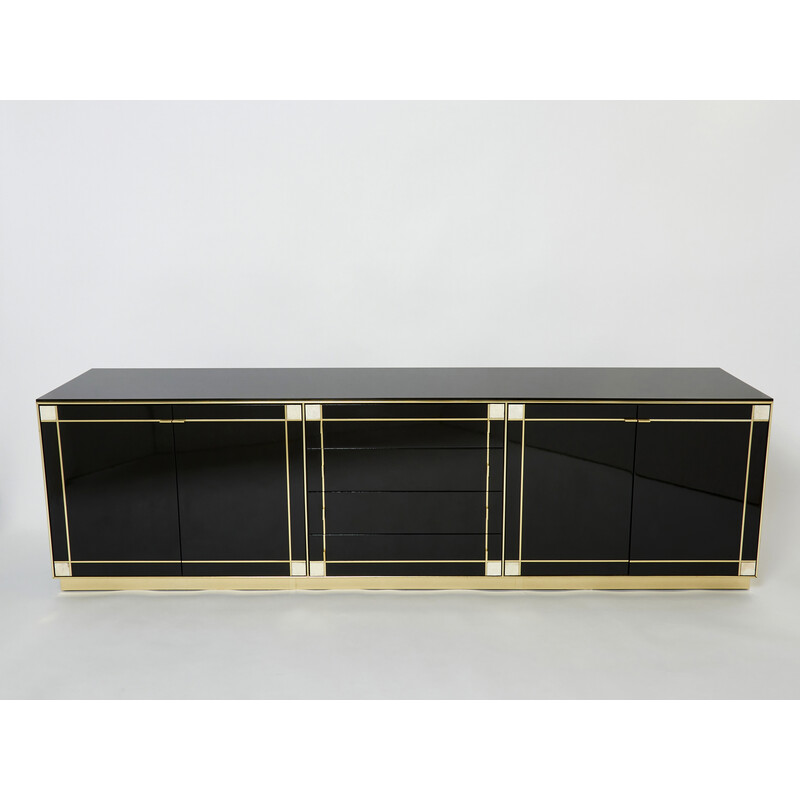 Credenza vintage in lacca nera, ottone e madreperla di Pierre Cardin, 1980