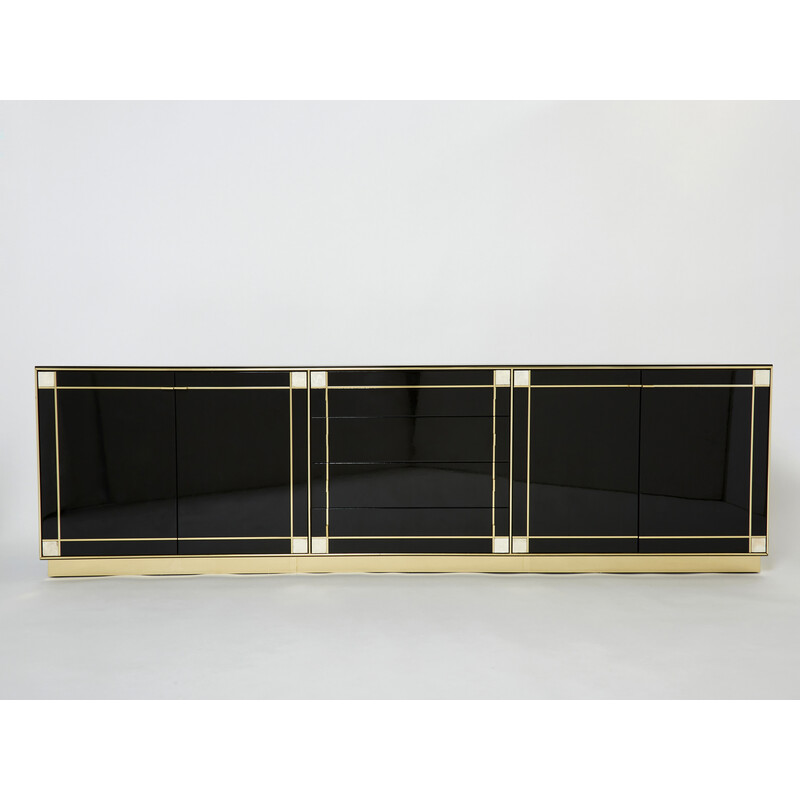 Credenza vintage in lacca nera, ottone e madreperla di Pierre Cardin, 1980