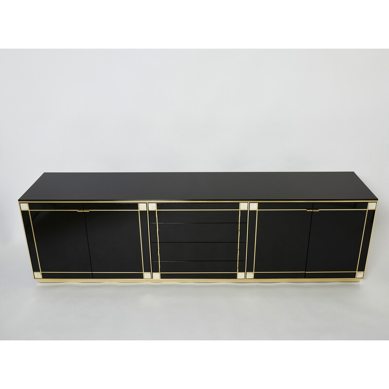 Credenza vintage in lacca nera, ottone e madreperla di Pierre Cardin, 1980