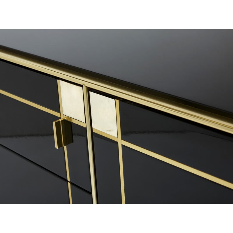 Vintage sideboard in black lacquer, brass and mother-of-pearl by Pierre Cardin, 1980