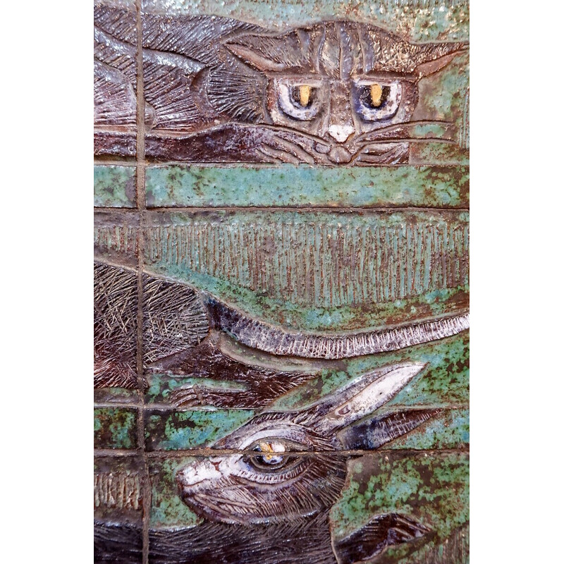 Vintage Tafel "Die Katze, das Wiesel und der kleine Hase" aus Keramik