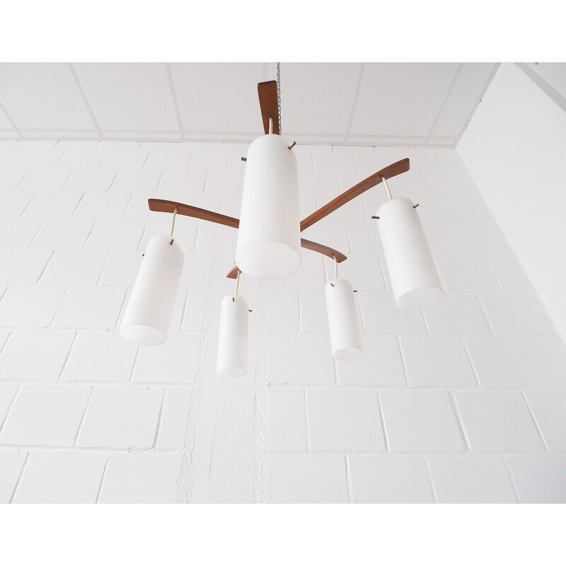 Vintage chandelier in teak and opaline glass, Denmark 1960