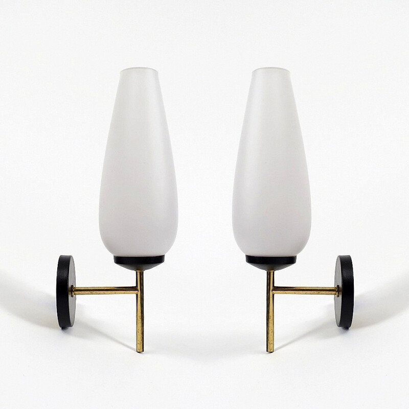Pair of opaline and brass wall lights - 1950