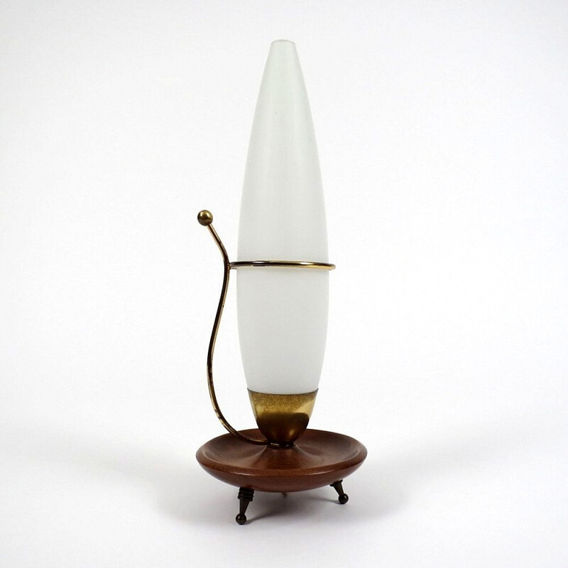 Lampe en opaline, laiton et bois - 1950