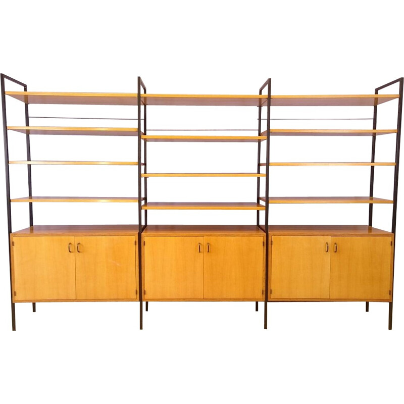 Modular clear oak and metal bookcase - 1950s