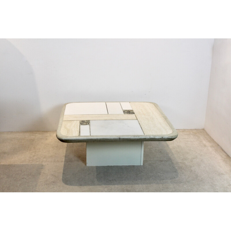 Table basse vintage brutaliste Kingma en marbre blanc et laiton