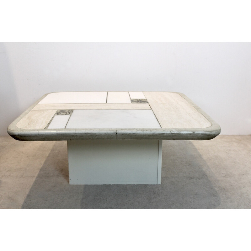 Tavolino d'epoca brutalista in marmo bianco e ottone Kingma