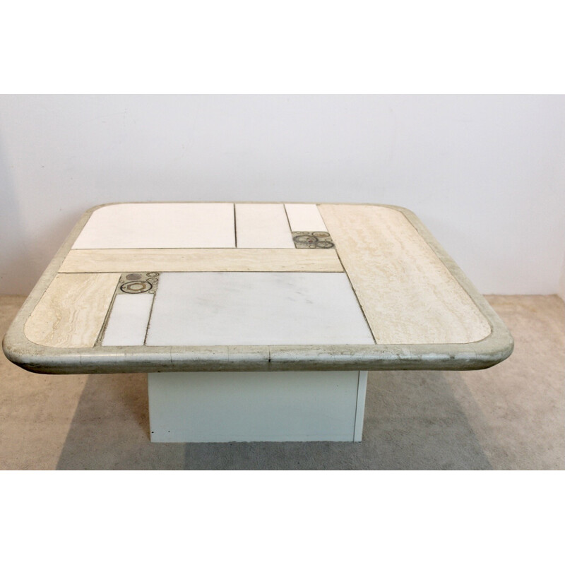 Vintage Brutalist Kingma white marble and brass artwork coffee table