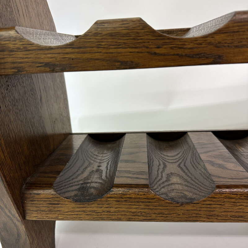 Brutalist vintage wine rack in solid oakwood, 1970s