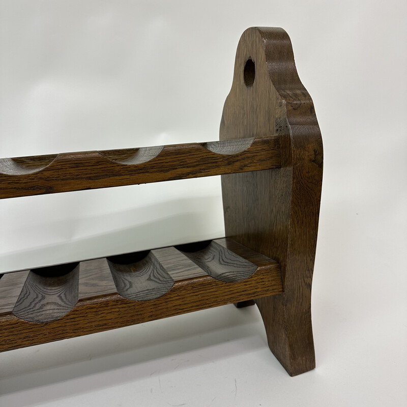 Brutalist vintage wine rack in solid oakwood, 1970s