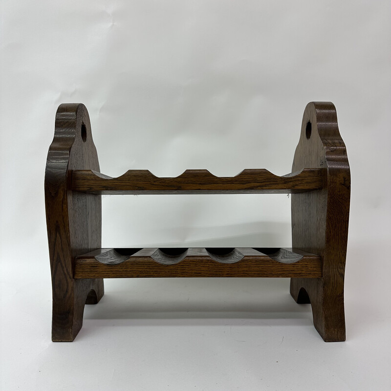 Brutalist vintage wine rack in solid oakwood, 1970s