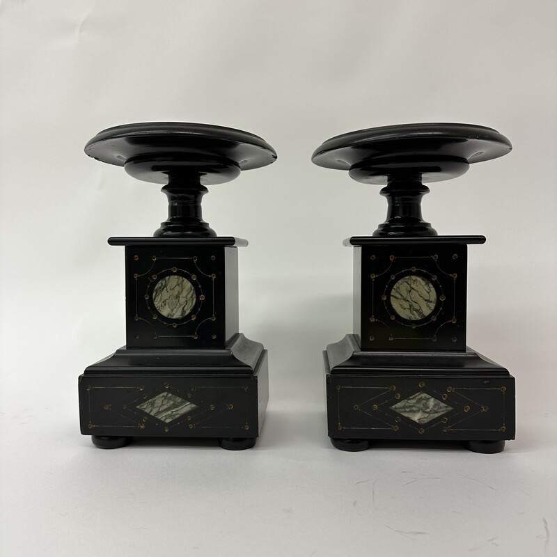 Pair of vintage black marble candlesticks, 1930s