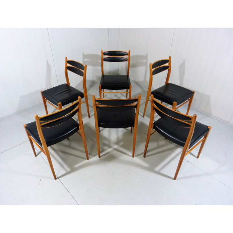 Juego de 6 sillas vintage en haya y cuero negro, años 60
