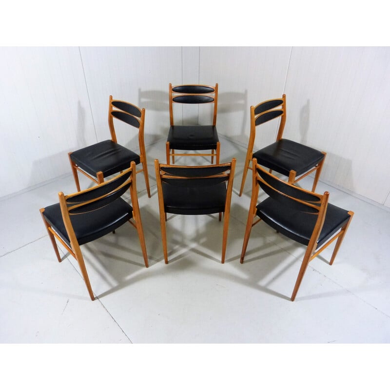 Satz von 6 Vintage-Stühlen aus Buche und schwarzem Leder, 1960er Jahre