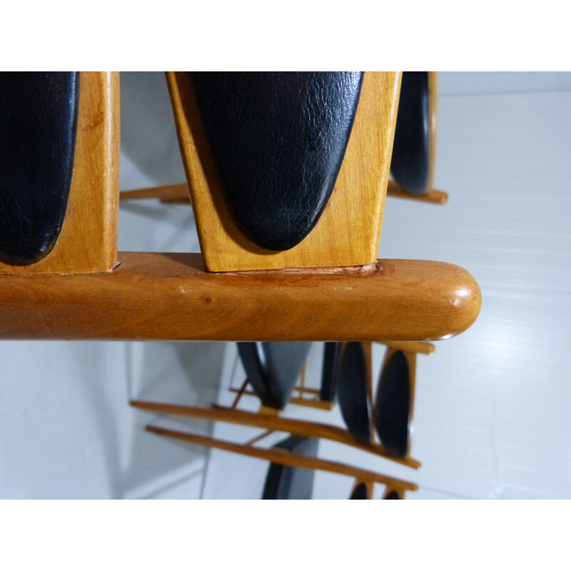 Set of 6 vintage chairs in beechwood and black leather, 1960s