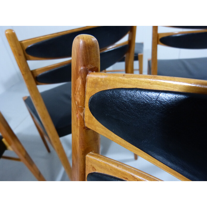 Juego de 6 sillas vintage en haya y cuero negro, años 60