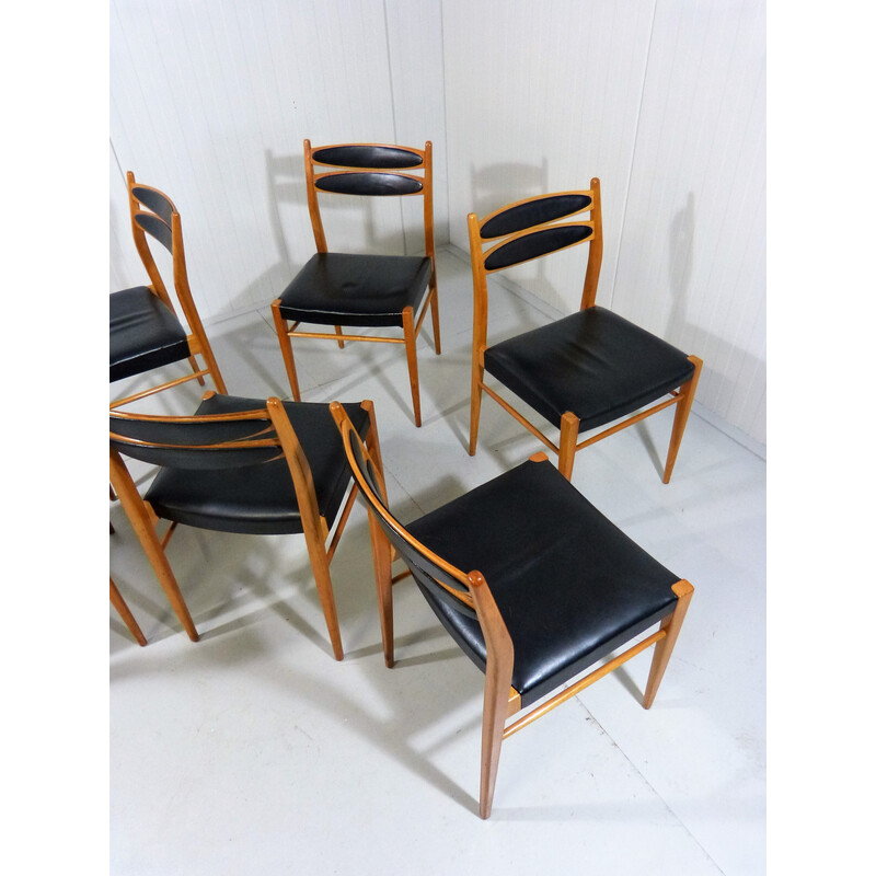 Set van 6 vintage stoelen in beukenhout en zwart leer, jaren 1960
