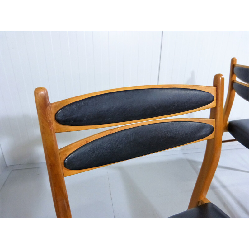 Set of 6 vintage chairs in beechwood and black leather, 1960s