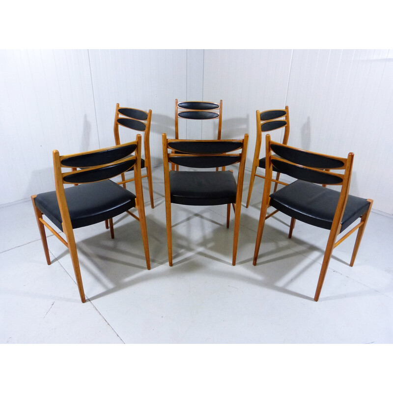Conjunto de 6 cadeiras vintage em faia e couro preto, década de 1960