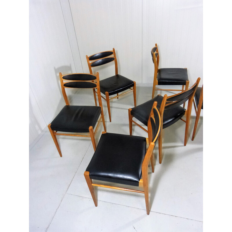 Conjunto de 6 cadeiras vintage em faia e couro preto, década de 1960