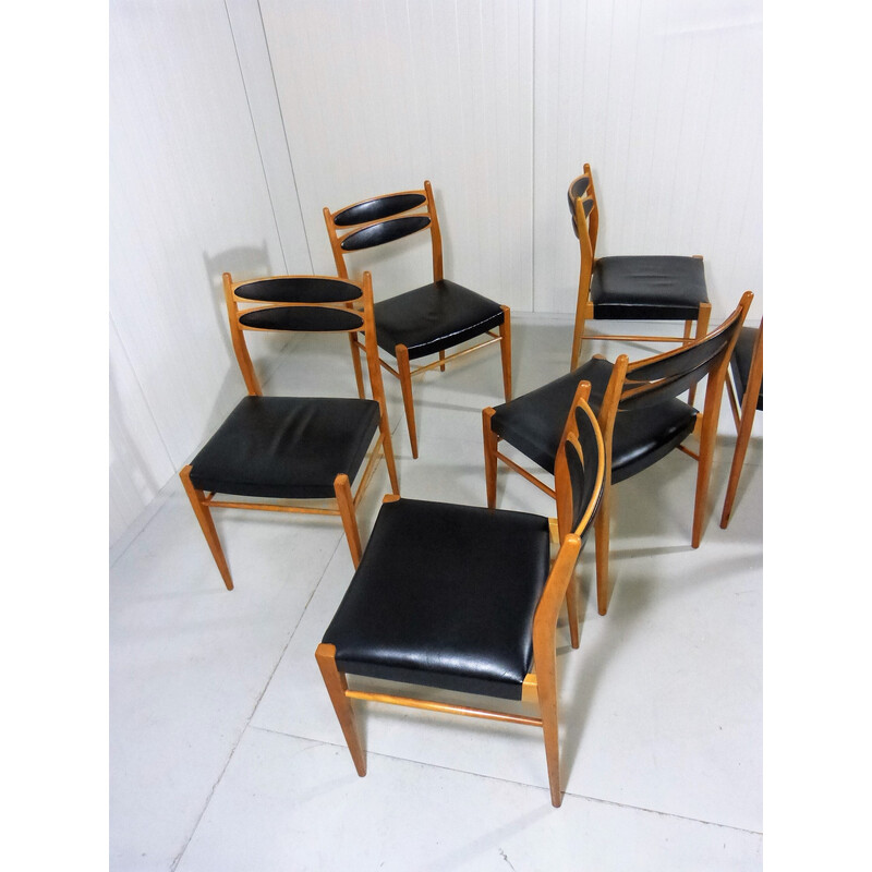 Ensemble de 6 chaises vintage en hêtre et cuir noir, 1960