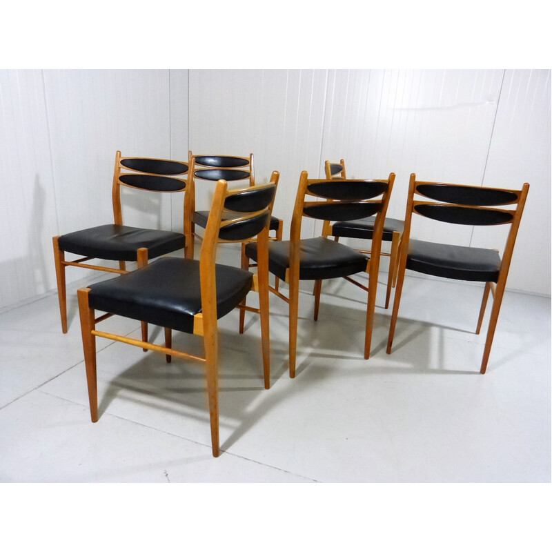 Set of 6 vintage chairs in beechwood and black leather, 1960s