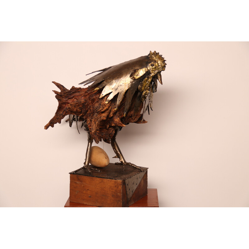 Vintage handcrafted wooden and metal sculpture "Oeuf Coq" by artist Louis de Verdal,  France