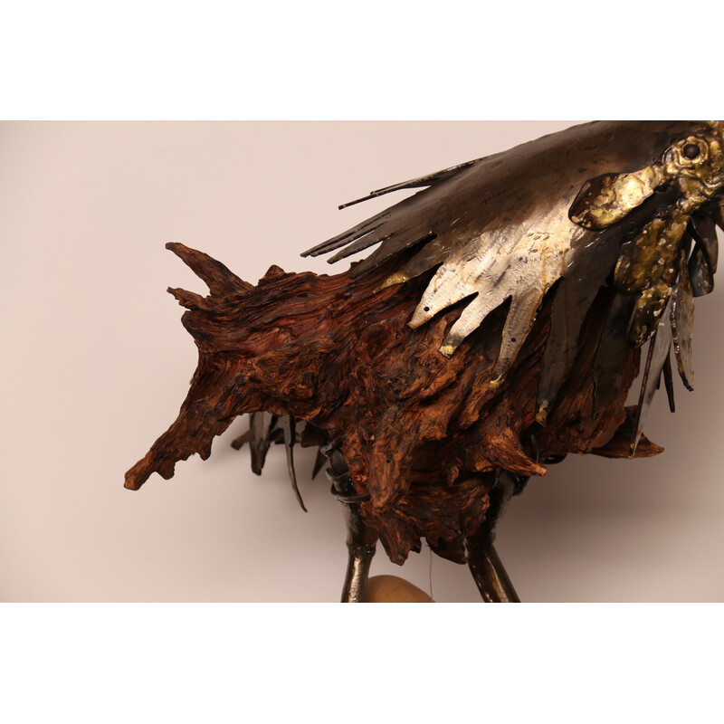 Vintage handcrafted wooden and metal sculpture "Oeuf Coq" by artist Louis de Verdal,  France