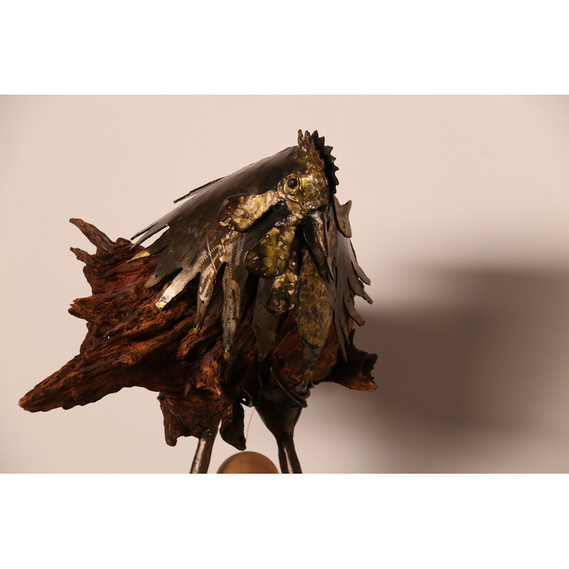 Vintage handgemaakte houten en metalen sculptuur "Oeuf Coq" van kunstenaar Louis de Verdal, Frankrijk.
