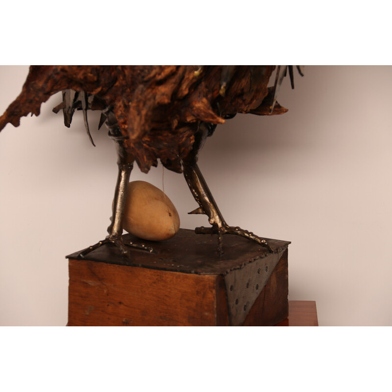 Vintage handcrafted wooden and metal sculpture "Oeuf Coq" by artist Louis de Verdal,  France