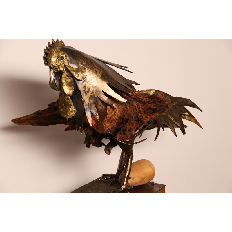 Vintage handcrafted wooden and metal sculpture "Oeuf Coq" by artist Louis de Verdal,  France