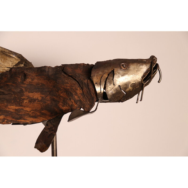Vintage handcrafted wooden and metal sculpture "Poisson" by artist Louis de Verdal, France