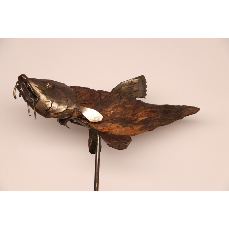 Vintage handcrafted wooden and metal sculpture "Poisson" by artist Louis de Verdal, France