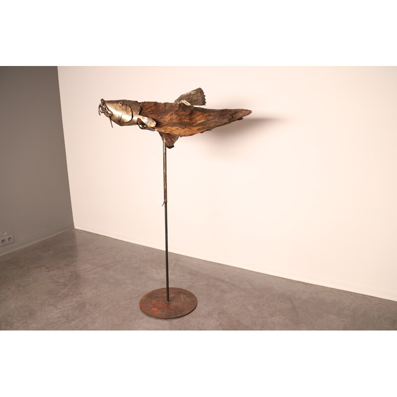 Escultura artesanal vintage de madera y metal "Poisson" del artista Louis de Verdal, Francia